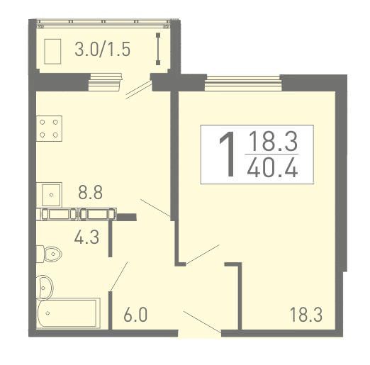 1-комнатная квартира 40.4 м² с балконом