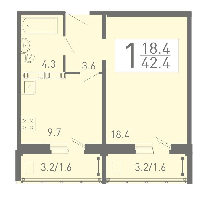 1-комнатная квартира 42.4 м² с двумя функциональными лоджиями