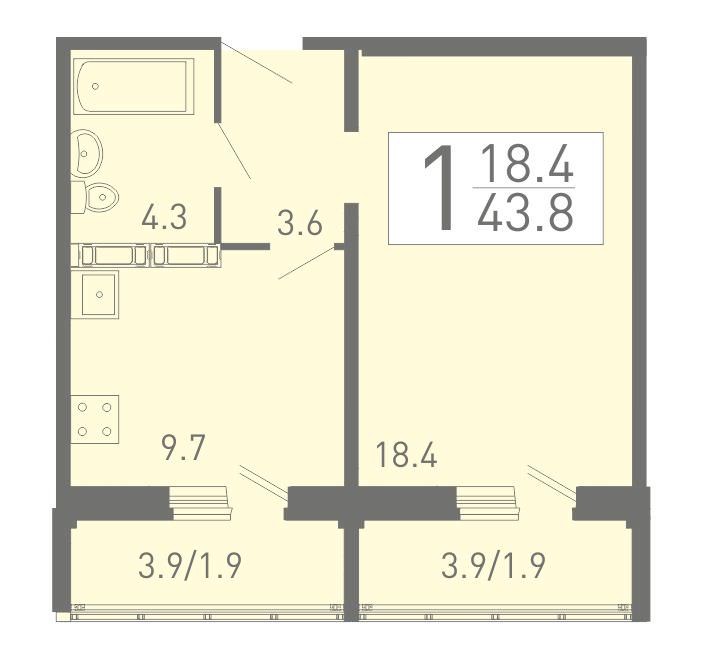 Просторная 1-комнатная квартира 43.8 м² с двумя лоджиями