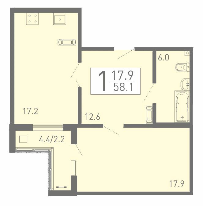 Просторная 1-комнатная квартира 58.1 м² с функциональной лоджией