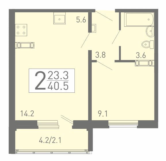 Уютная 2-комнатная квартира 40.5 м² с евро планировкой