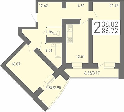 2-комнатная квартира 86.72 м² с просторными комнатами