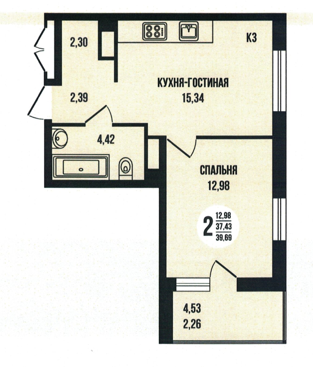 Евро 2-комнатная квартира 39.69 м² с лоджией из спальни