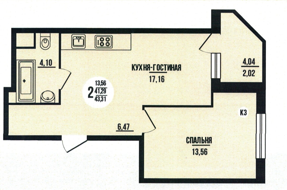 2-комнатная квартира 43.31 м² с евро планировкой
