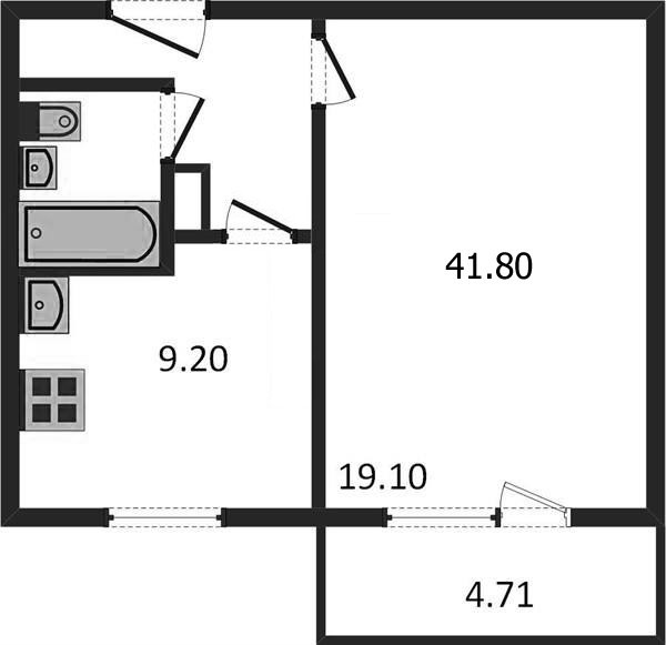 1-комнатная квартира 41.8 м² с балконом из комнаты