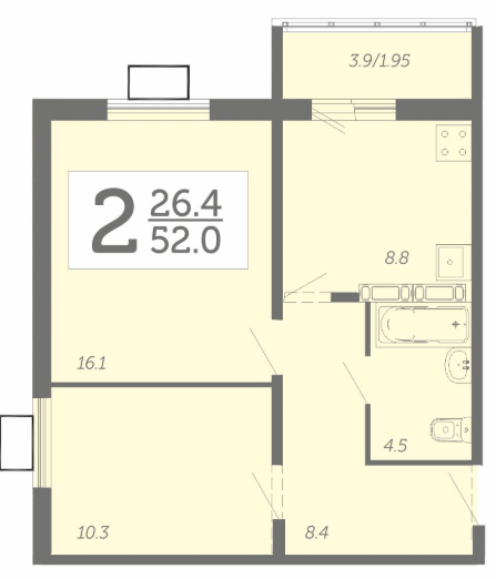 2-комнатная квартира 52 м² с лоджией из кухни