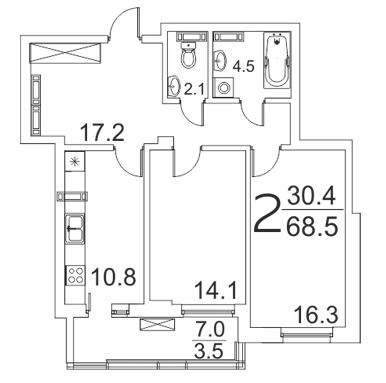 2-комнатная квартира 68.5 м² с просторным холлом