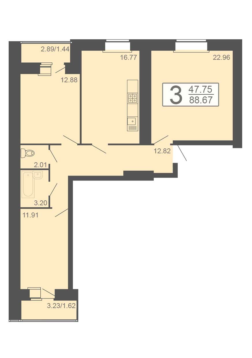 3-комнатная квартира 88.67 м² с двумя лоджиями