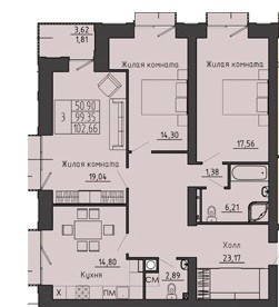 3-комнатная квартира 102.66 м² с двумя санузлами