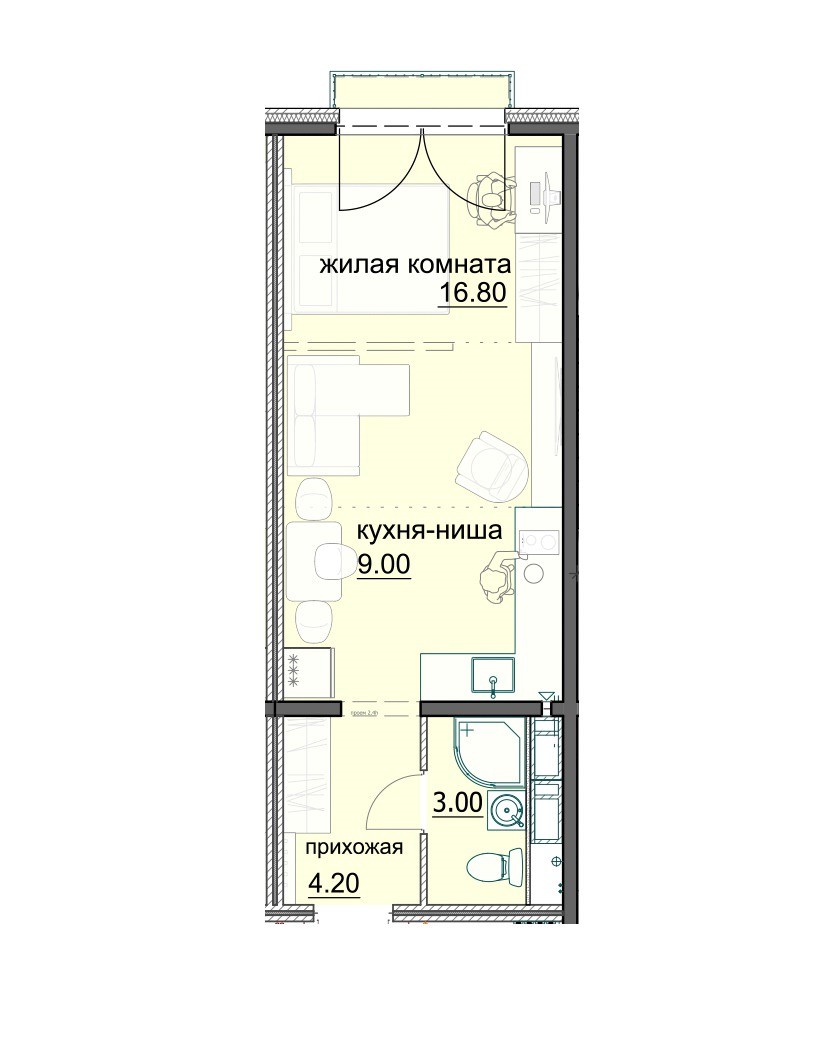1-комнатная квартира-студия 33.3 м²