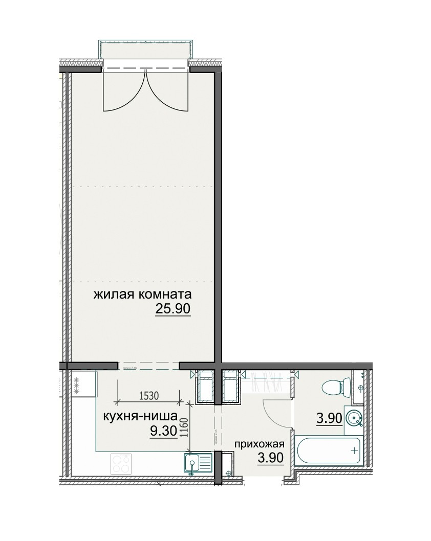 1-комнатная квартира 43.3 м² с просторной гостиной