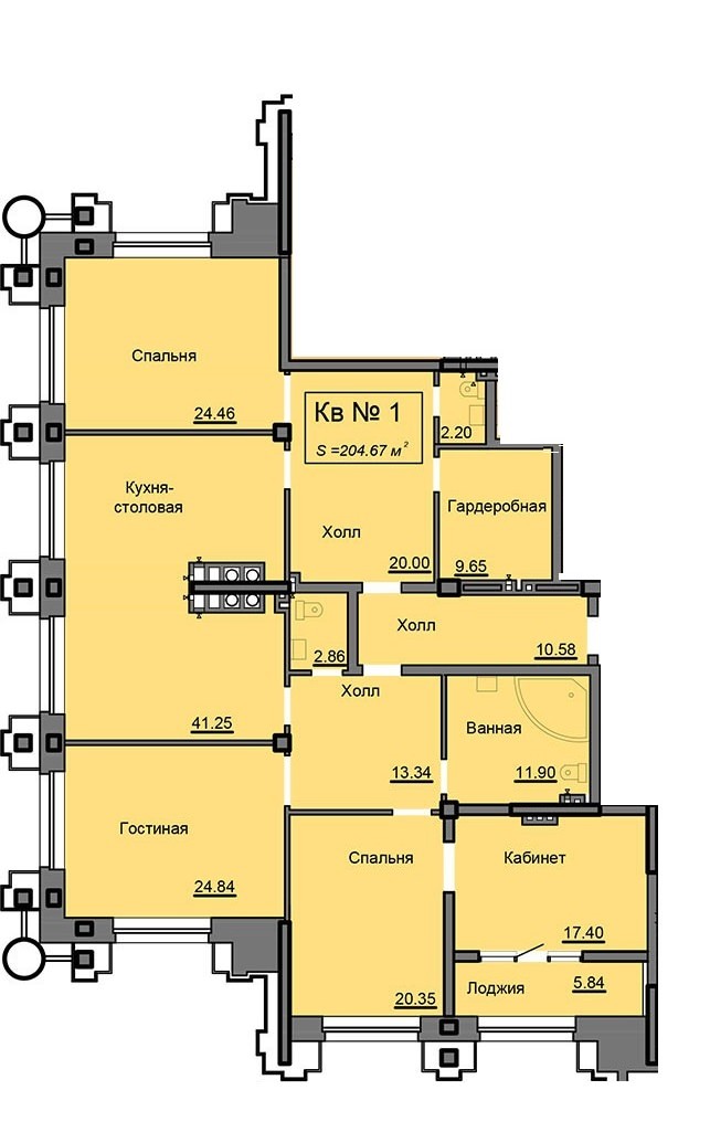 4-комнатная квартира 204.67 м² с кухней-столовой, двумя спальнями и кабинетом