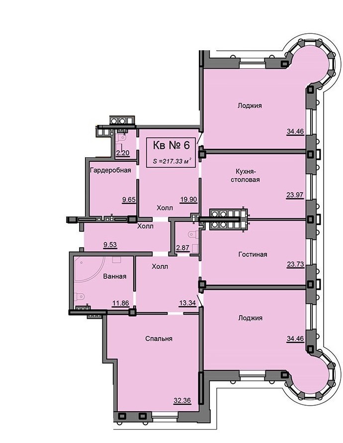 2-комнатная квартира 217.33 м² с гардеробной и двумя просторными лоджиями