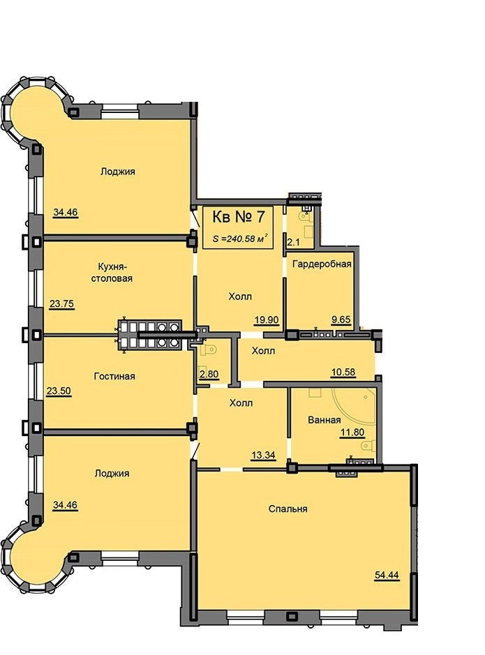 Просторная 2-комнатная квартира 240.58 м² с двумя лоджиями и гардеробной