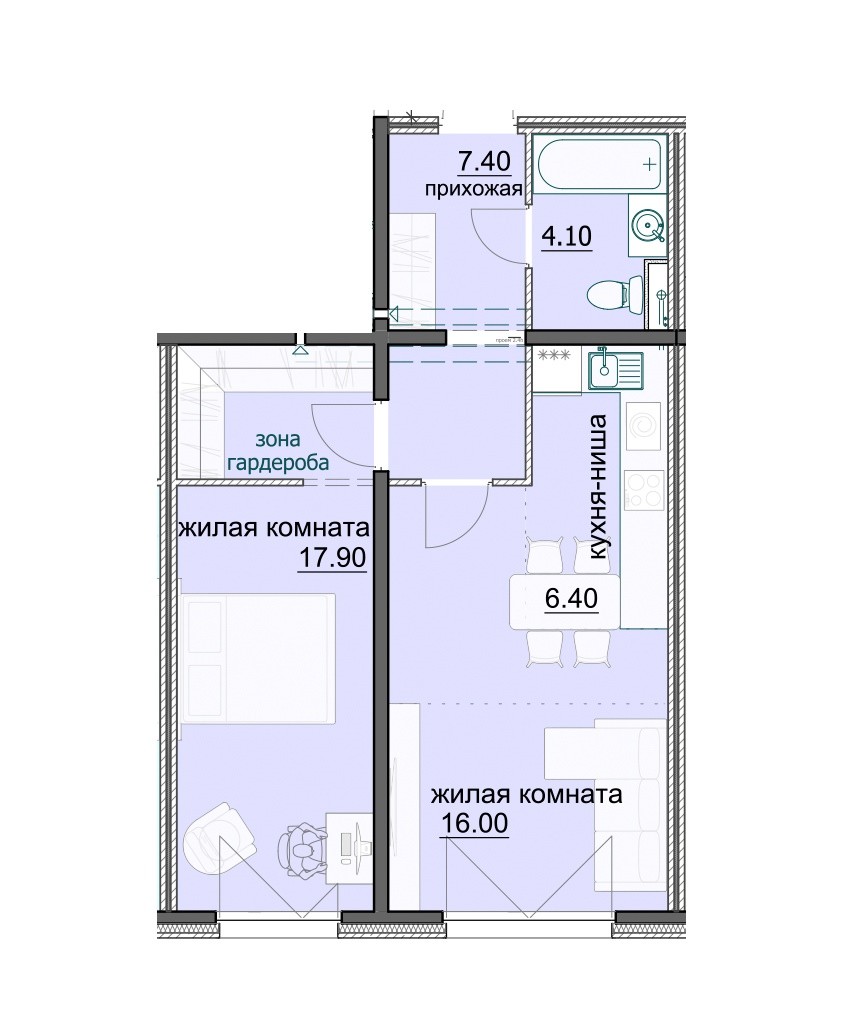 2-комнатная квартира 51.8 м² с гардеробной