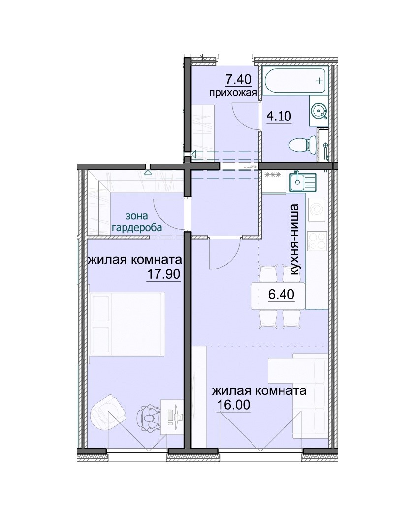 2-комнатная квартира 51.8 м² с кухней-гостиной и гардеробной