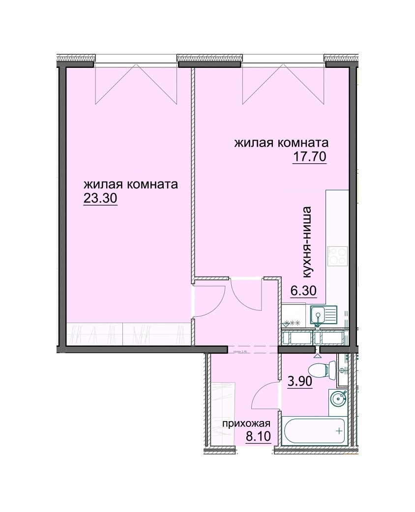 2-комнатная квартира 59.3 м² с кухней-гостиной и просторной спальней
