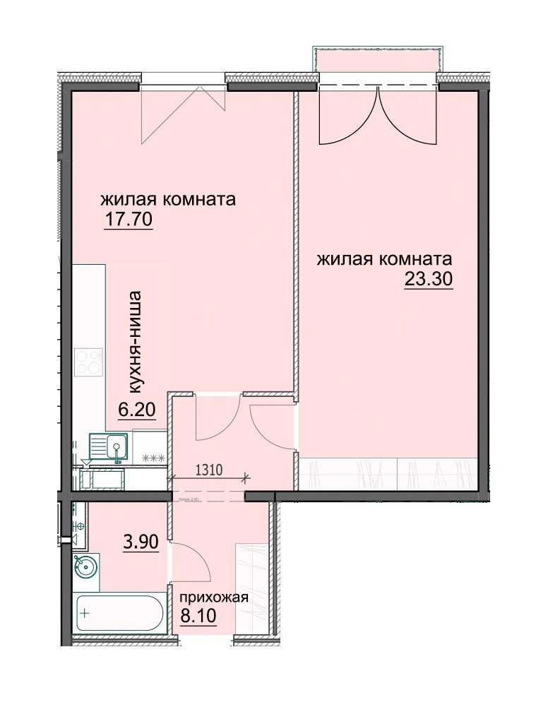 2-комнатная квартира 59.5 м² с просторной кухней-гостиной и спальней