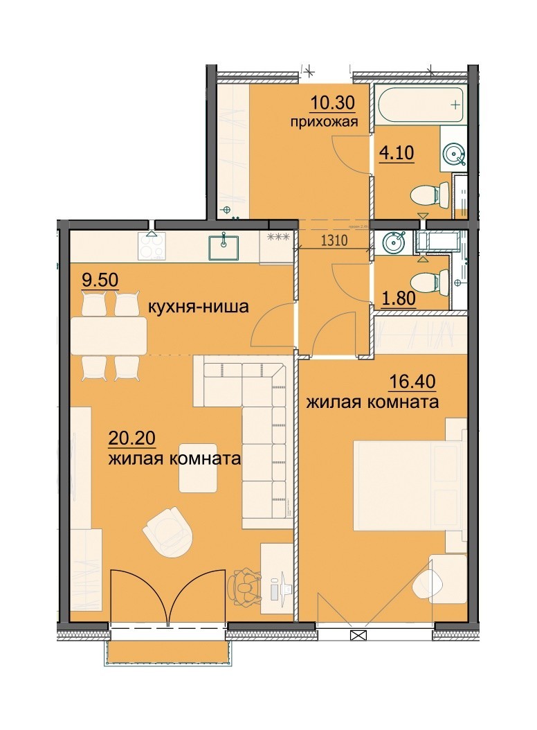 2-комнатная квартира 62.6 м² с просторной кухней-гостиной
