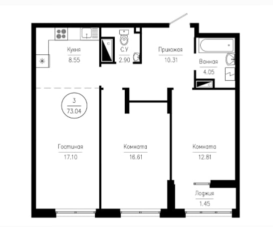 3-комнатная квартира 73.04 м² с просторными комнатами и раздельным санузлом