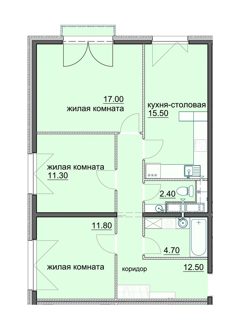 3-комнатная квартира 75.5 м² с кухней-столовой и тремя изолированными комнатами