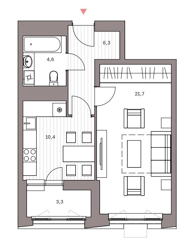 Просторная 1-комнатная квартира 46.3 м² с лоджией