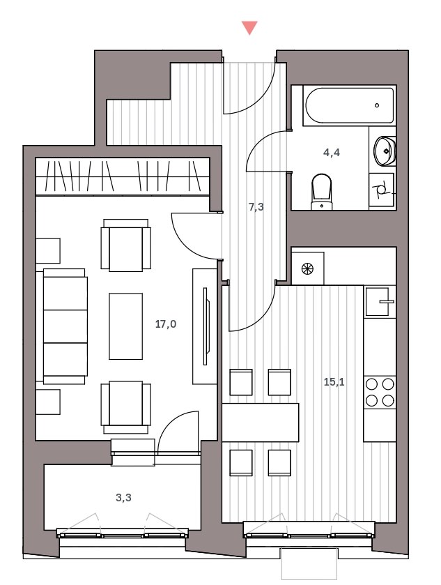 Просторная 1-комнатная квартира 47.1 м² с нишей под гардеробную