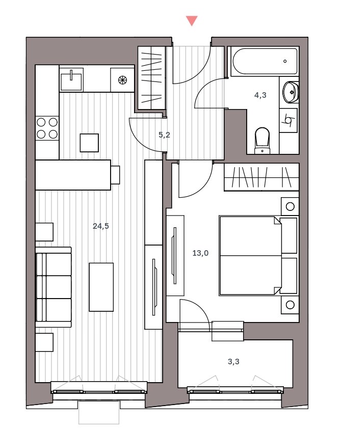 Просторная 1-комнатная квартира 50.3 м² с лоджией из спальни