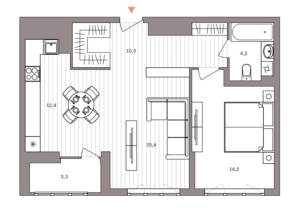 1-комнатная квартира 59.8 м² с кухней-гостиной и изолированной спальней