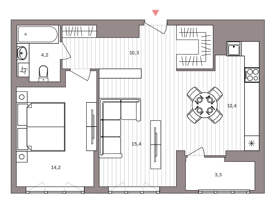 1-комнатная квартира 59.8 м² с кухней-гостиной и изолированной спальней