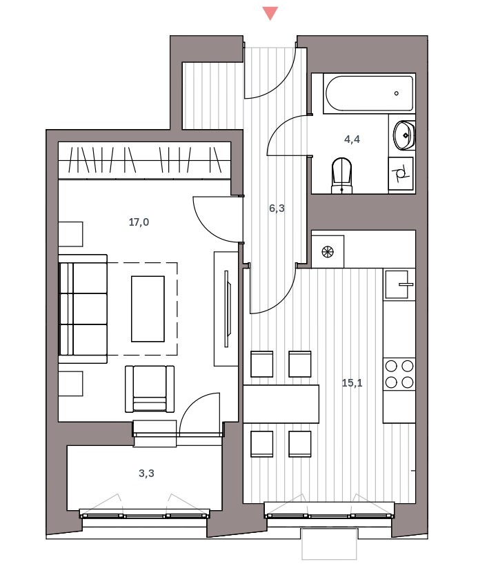 1-комнатная квартира 46.1 м² с лоджией