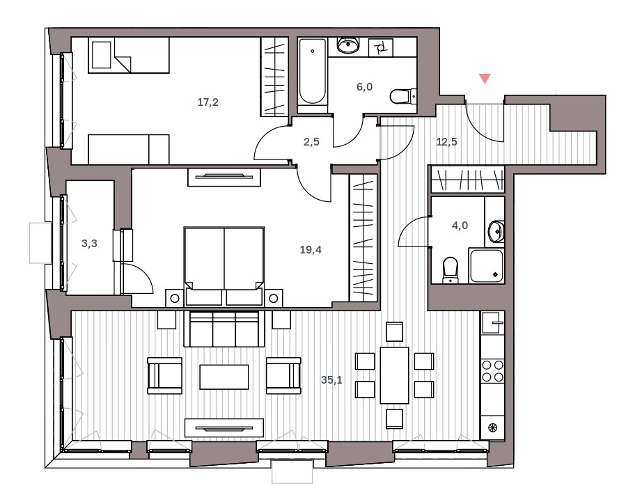 3-комнатная квартира 100 м² с просторной кухней-гостиной, родительской и детской спальней