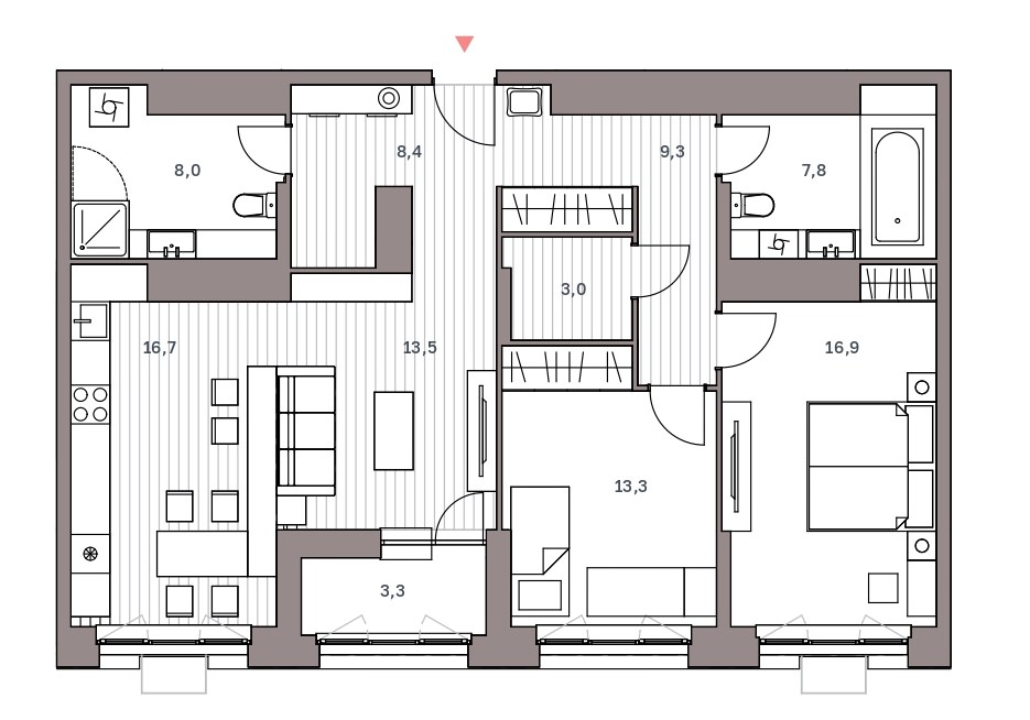 Большая 2-комнатная квартира 100.2 м² с просторной кухней гостиной и двумя изолированными спальнями