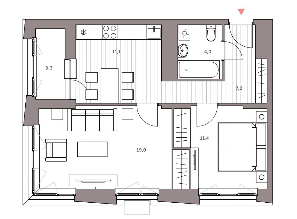 2-комнатная квартира 56 м² с лоджией из кухни
