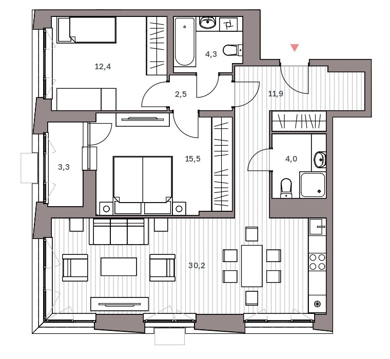 2-комнатная квартира 84.1 м² с просторной кухней-гостиной и двумя изолированными спальнями