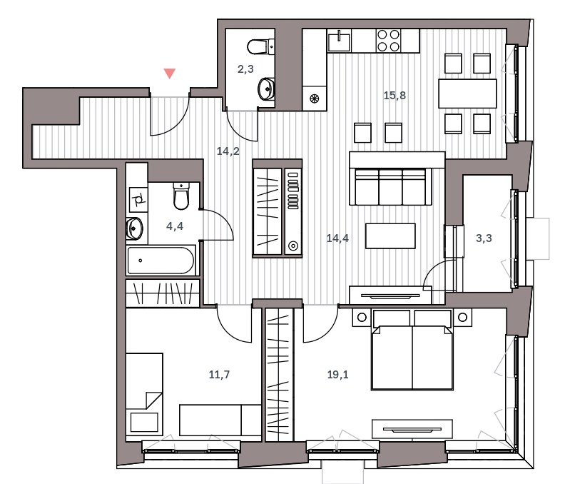 2-комнатная квартира 85.2 м² с функциональной кухней-гостиной и двумя спальнями