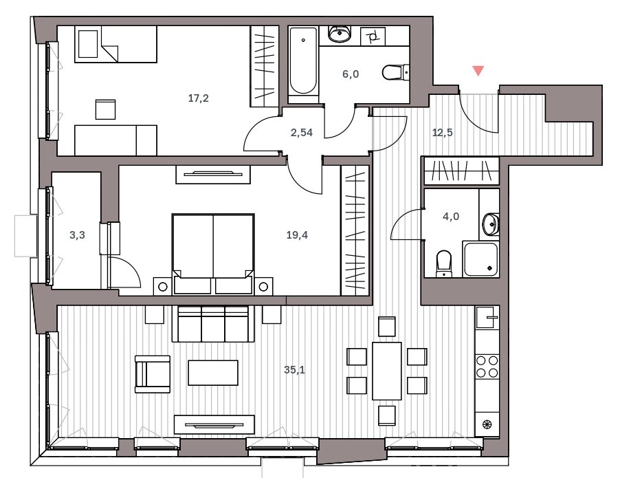 3-комнатная квартира 100 м² с евро планировкой
