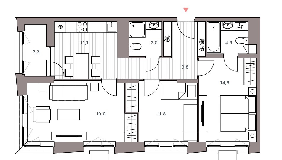 3-комнатная квартира 77.6 м² с двумя санузлами и лоджией из кухни