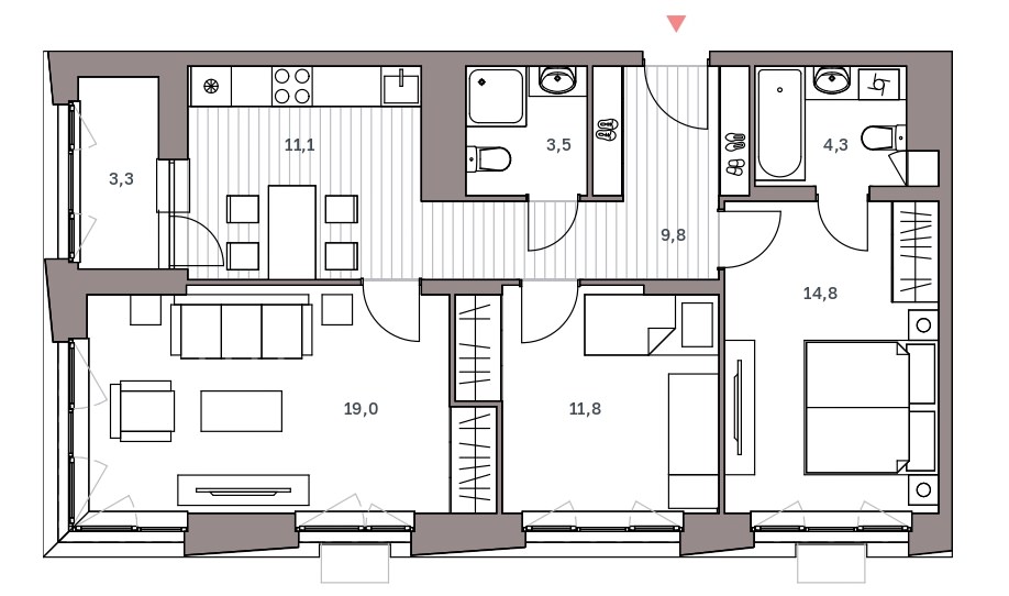 Полноценная 3-комнатная квартира 77.6 м² с двумя санузлами