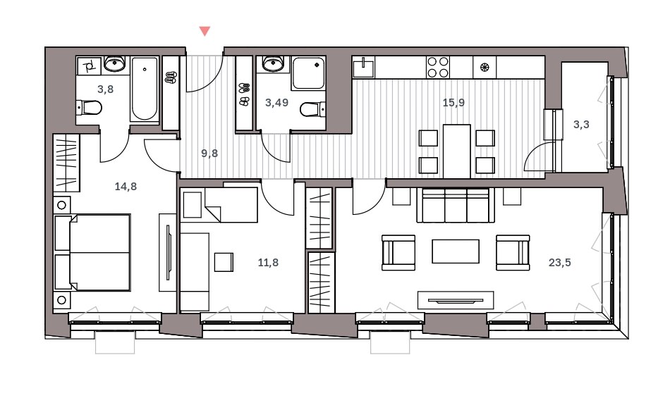 Просторная 3-комнатная квартира 86.39 м² с лоджией из кухни и двумя санузлами