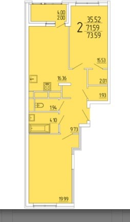 Просторная 2-комнатная квартира-распашонка 73.59 м²