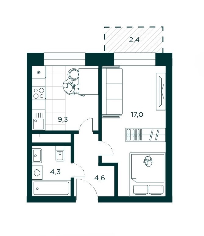 1-комнатная квартира 35.2 м² с балконом