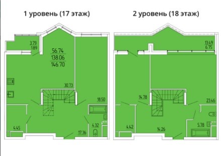 2-ух уровневая 4-комнатная квартира 146.70 м²