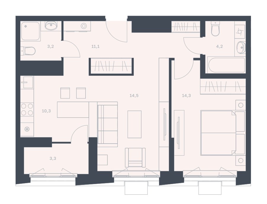 1-комнатная квартира 60,9 м² с просторной кухней-гостиной, изолированной спальней и двумя санузлами
