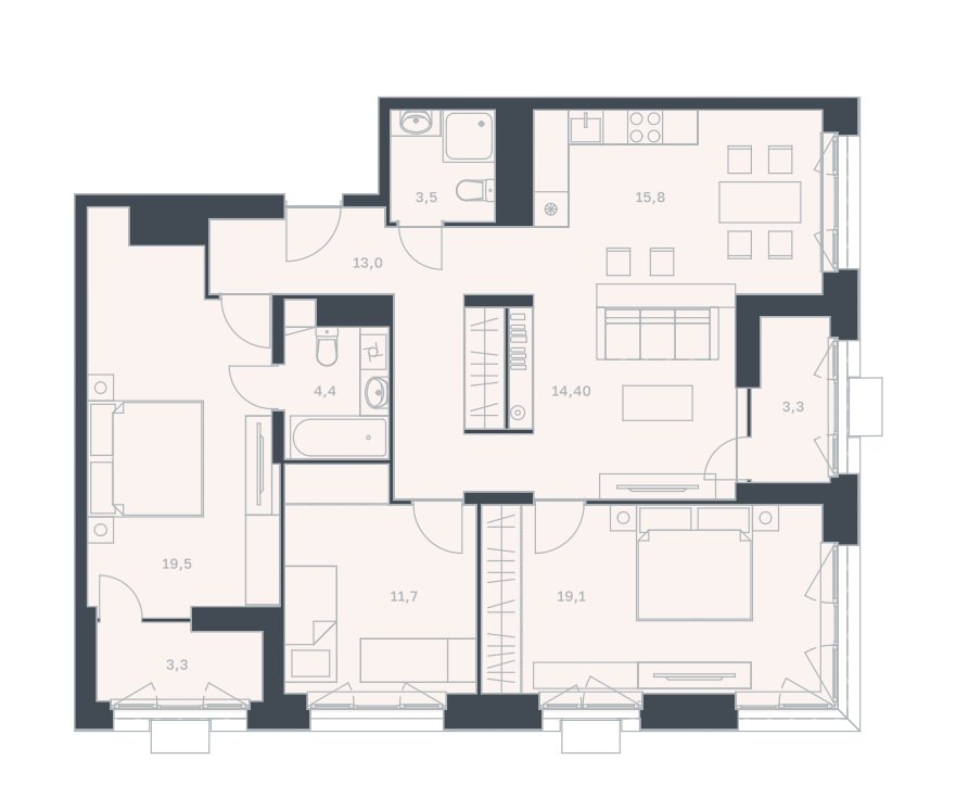 3-комнатная квартира 108 м² с просторной кухней-гостиной, тремя изолированными спальнями и двумя лоджиями