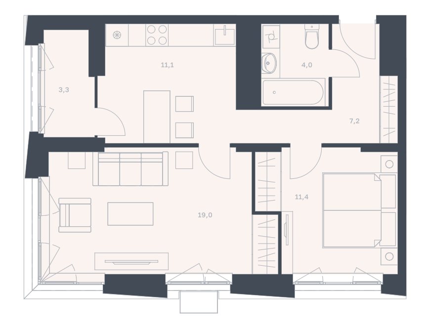 Полноценная 2-комнатная квартира 56 м² с лоджией из кухни