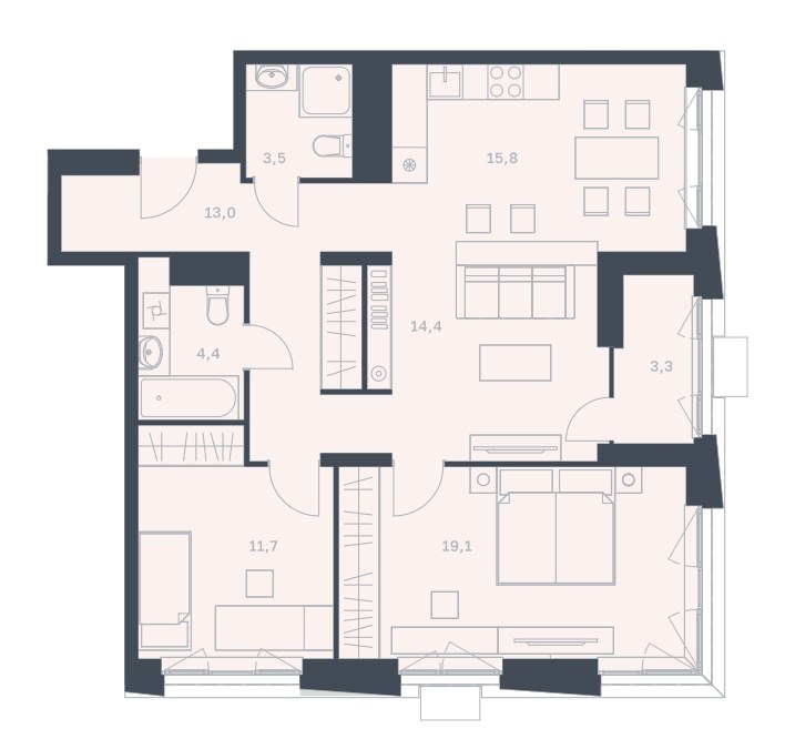 2-комнатная квартира 85,2 м² с просторной кухней-гостиной, родительской и детской спальней