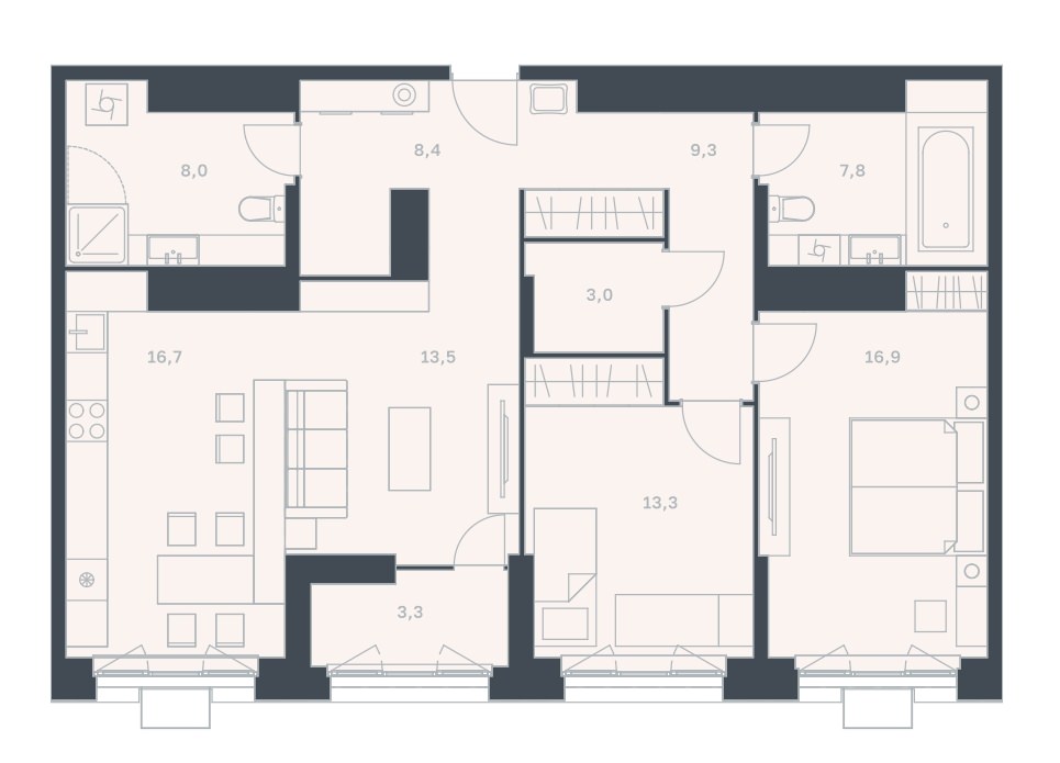 Просторная 2-комнатная квартира 100,2 м² с просторной кухней-гостиной, двумя изолированными спальнями и двумя санузлами