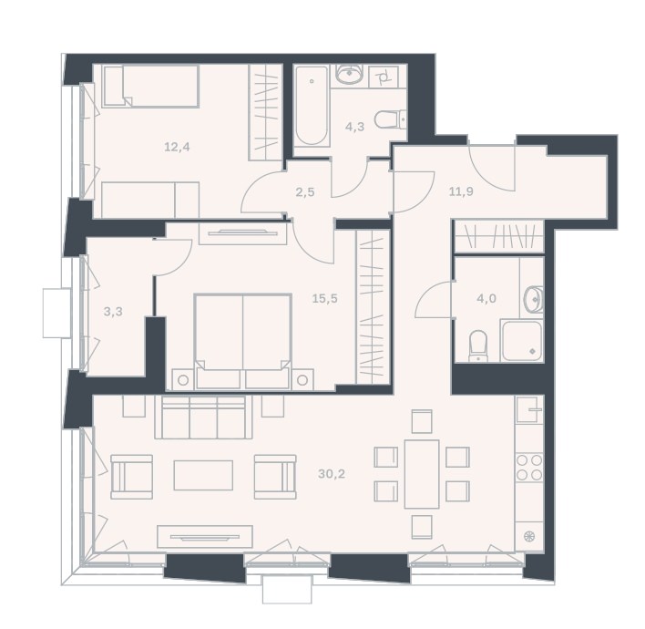 Просторная 2-комнатная квартира 84,1 м² с кухней-гостиной, родительской и детской спальней