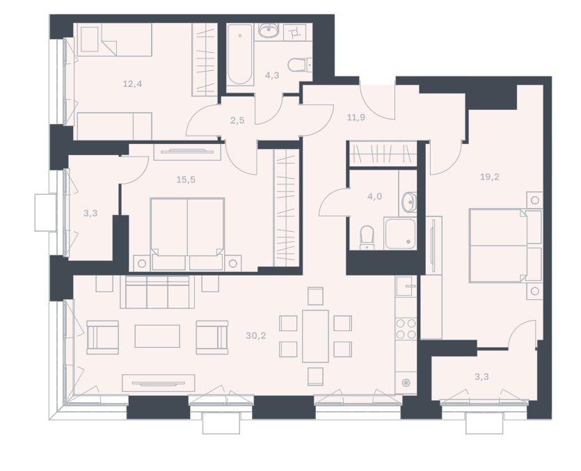 3-комнатная квартира 106,9 м² с тремя изолированными спальнями и просторной кухней